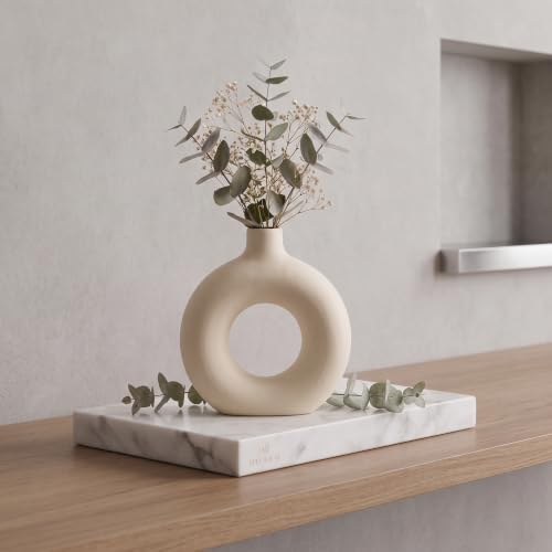 Image of Modern White Ceramic Donut Vase Decorative Flower Vase for Home Decor 6 inch
