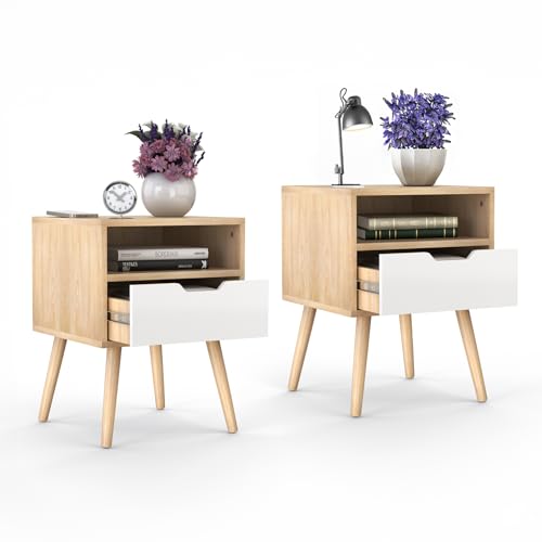 Lifetime Home Mid-Century Modern Nightstand (2 SET), Wooden Table with Storage Drawer - Bedside Table for Bedroom or End Table for Living Room, Natural Wood Accent Decor - Light Brown