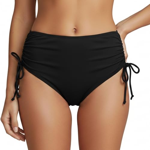 WUDEUI Womens Black Bikini Bottoms High Waist Swim Briefs with Side Adjustable Drawstrings Full Coverage Bathing Suit Bottoms for Ladies Girls
