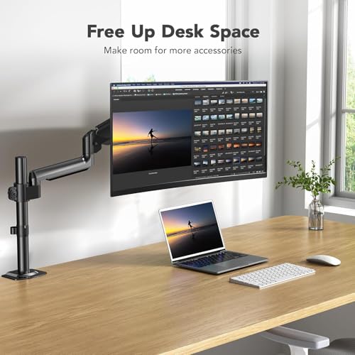 Image of HUANUO Single Monitor Arm, Tall Computer Monitor Stand for 13-32 inch Screens Holds 4.4-19.8 lbs, Adjustable Monitor Mount Gas Spring Full Motion with C-Clamp & Grommet Base, VESA 75x75 or 100x100mm