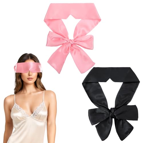 Tyqour 2 Pcs Soft Silk Blindfold for Adult Couples Satin Blind Folds for Adult Play Adjustable Blindfold for Party Games 59 Inch V-Shaped Blackout Sleep Mask for Women Men Gift (Black Pink)