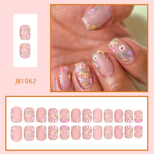 Image of Flower Press on Nails French Tip Fake Nails Nude False Nail Press on Nail with Design Short Square Glossy Full Cover Small Floral Glue on Nail for Women Manicure 24Pcs