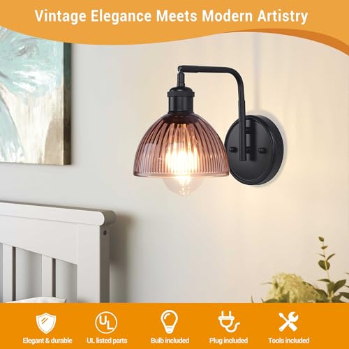 Image of Swing Arm Wall Sconce, Plug in or Hardwired Black Wall Lamp with Green Stripe Ribbed Glass Shade, Vintage Edison LED Bulb Wall Light Fixture for Living Room Bedroom Bedside Bathroom Hallway