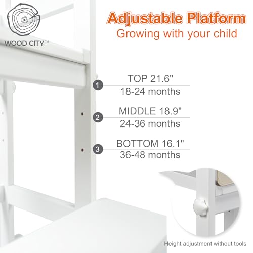 Image of Kitchen Step Stool for Toddlers with Non-Slip Mat, WOOD CITY Wooden Kids Montessori Learning Stool Tower, Toddler Standing Tower Helper for Kitchen Counter and Bathroom Sink(White-Adjustable)