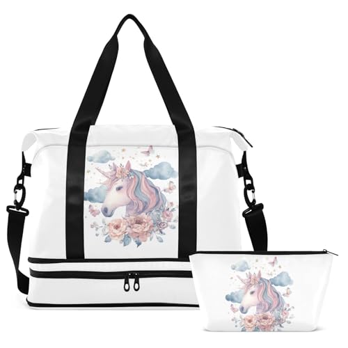 Unicorn Stars White Travel Duffel Bag for Women Men Gym Bag with Shoe Compartment Wet Pocket Carry On Weekender Overnight Bags for Airline Travel Under Seat