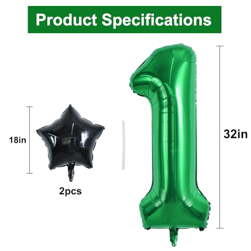 Image of TONIFUL 32 Inch Soccer Balloons Set 1st Birthday Decoration Green Number 1 Foil Soccer Balloon Black Star Balloons for Children's Boys Birthday Party Football Themed Party Supplies