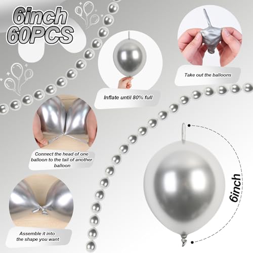Image of Silver Link Balloons, 60PCS Linking Balloons with Tail for Balloon Wall Arch and Chains, Quick Linkable Balloon for Wedding Birthday Baby Shower Engagement Graduation Party Decorations (6inch)