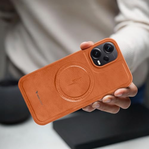 Image of Vaku Luxos Maxtron Back Cover Case for Xiaomi Redmi Note 12 Pro Leather Stitched Magnetic Magsafe TPU Shockproof Case Camera Screen Protector- Brown