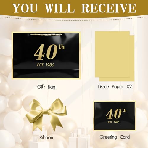Image of JMANNI 40th Birthday Gift Bag with Card and Tissue Paper for Men Women Him, 14.2 inch Elegant Black Gold Anniversary Keepsake Party Present Shopping Paper Bags for Gifts Wrapping (EST.1986 /Black /Large)