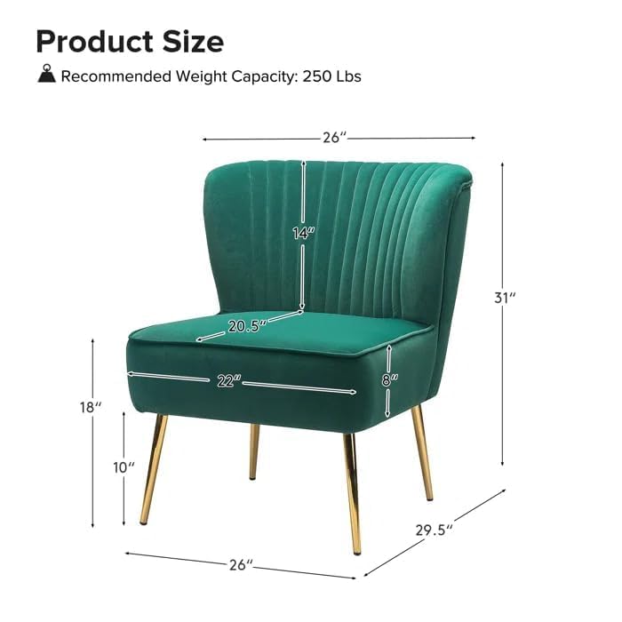 Image of Modern Upholstered Accent Velvet Chair Single Seater Channel Tufted Wing Back Chair with Golden Matel Legs for Living Room, Bedroom, Dining Room, Green