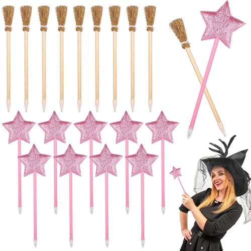 20 Pcs Princess & Witch-Themed Party Favors, 10 Star Pens and 10 Broom Pencils with Glitter, Fun Party Supplies for All Ages