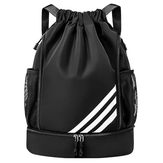Mochila Esportiva com Cordão, Separação seca e húmida, Mochila de grande capacidade para viagens de lazer, Bolsos Laterais em Malha, Preto com Listras