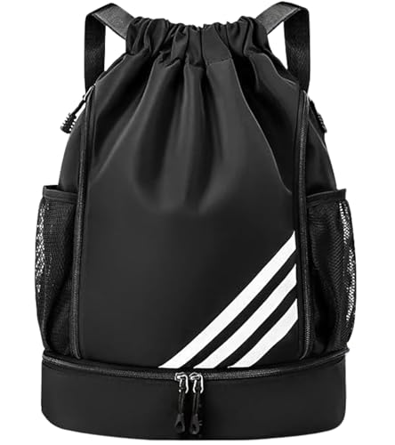 Mochila Esportiva com Cordão, Separação seca e húmida, Mochila de grande capacidade para viagens de lazer, Bolsos Laterais em Malha, Preto com Listras