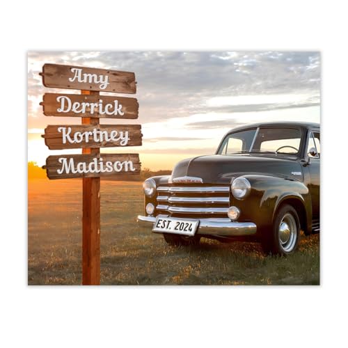 Buzz Unplugged Love on a Vintage Car, Family Names and Special Date on a Sign, Custom Couples, Personalized Canvas Pictures, Romantic Personalized for Her, Suitable for Anniversaries or Birthdays