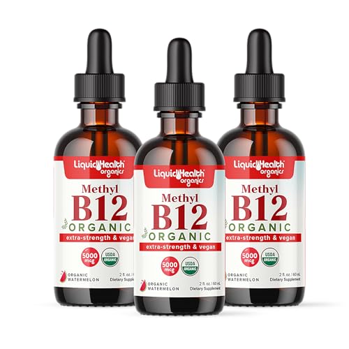 LIQUIDHEALTH USDA Organic Methyl Vitamin B12 Methylcobalamin Liquid Drops with Tart Cherry Juice - Boost Energy, Immune Support, Improve Memory & Concentration - USA Made, Vegan, Non-GMO (3 Pack)