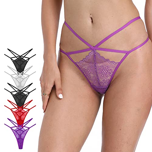 GAREDOB Sexy Floral Lace G-String Thong Panties 5 Pack, Adult-Exotic-Thong-Underwear for Women