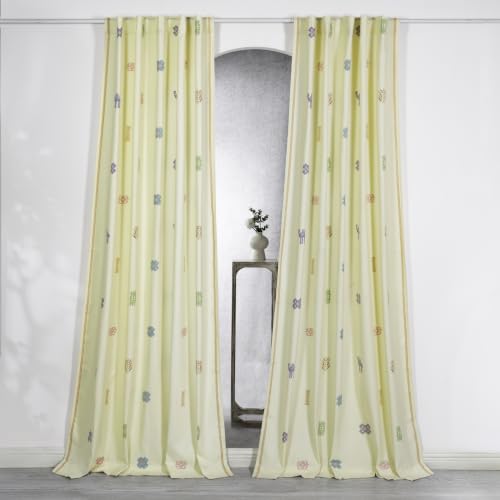Image of Tranquebar Curtain Co. Cotton Curtains 7 Feet Long Set of 2, 60-65% Room Darkening, Multicolor (Yellow) Motif Print, Door Curtains 7 Feet Set of 2, BackTabs, Ozan (213 cm) - Set of 2