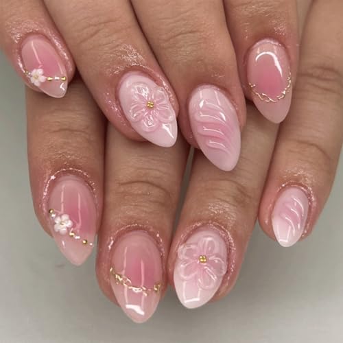 3D Flower Press On Nails Short Almond Fake Nails Pink Spring Nail...