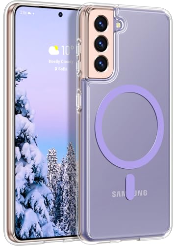 Rayboen for Samsung Galaxy S21 Case, Compatible with Magsafe, Classic Crystal Clear Slim Shockproof Protective Phone Cover for Samsung S21 5G with Transparent Hard PC Back, Lightpurple Magnetic Ring