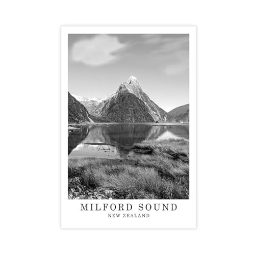 WANXU Milford Sound Travel Poster Black And White Canvas Poster Bedroom Decor Office Room Decor Gift Unframe 12x18inch