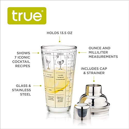 True Glass Cocktail Shaker With Cocktail Recipes, Clear Glass Shaker With Strainer, 13.5 Oz #TOP1