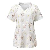 STPT Kasacks Damen Pflege Tunika Kurzarm Schlupfkasack Arbeitsuniform V-Ausschnitt Kurzarm Regenbogenwolkendruck Pflege Kasack Schlupfhemd Berufskleidung Bluse mit Taschen, Pink-b, M