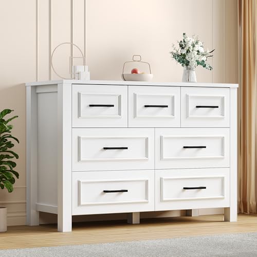 DWVO Farmhouse Wooden Dresser TV Stand with Power Outlet, 7 Drawer Dresser with Large Storage Drawers and Bar Handles, Ideal for Bedroom, Living Room, Hallway, 47.2" x 15.7" x 33.4" - White