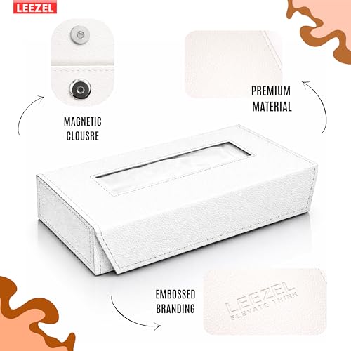 Image of LEEZEL| Tissue Box Holder with 100 Pulls Cotton Rags Tissue | Handcrafted Fine Leather - Like Finish | for Gifting, Office Desks, Cars & Home Decor | Durable & Water Resistant. (White)