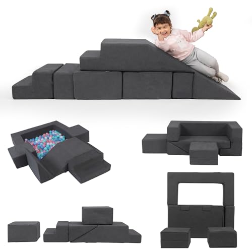 Modular Kids CouchToddlers Convertible Climbing Play Couch Sofa and Imaginative Furniture Foldable Floor Cushion with 2 Ottomans Playset for Playroom Bedroom Chenille Fabric Gray