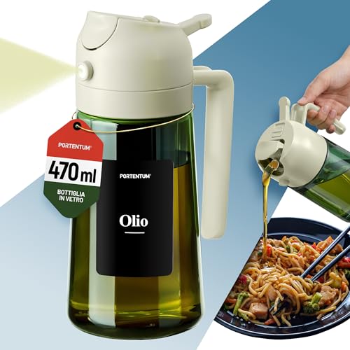 PORTENTUM Spruzzino olio per friggitrice aria 470 ml 2 in 1 funzione spray e versamento – Oliera spray vetro verde protezione dalla luce – Etichette multilingua – Nebulizzatore insalate e grigliate