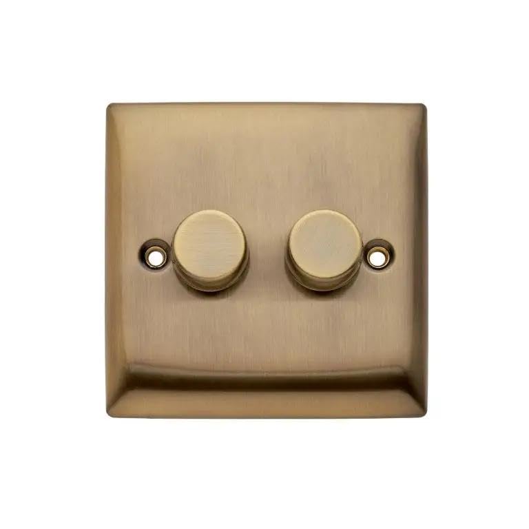 Britelite Double Dimmer Switch - Antique Brass Finish 2 Gang 2 Way Trailing Edge Dimmer Switch With Push On/Off Rotary Control For LED And Halogen Bulbs, Suitable For Domestic And Commercial Use