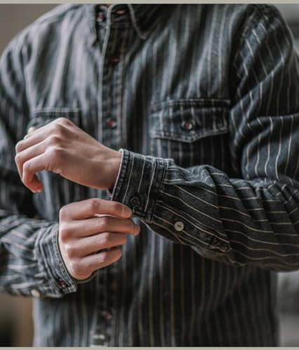 SevenBoy Mens Vintage Striped Denim Button-Down Shirt, Long Sleeve, Dual Front Pockets Casual Shirt Coat3