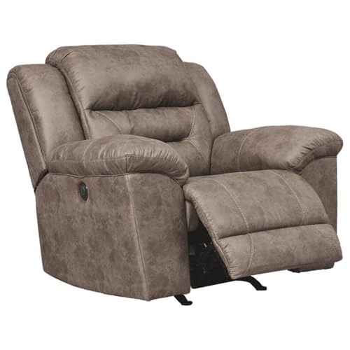 Image of Signature Design by Ashley Stoneland Modern Power Recliner with Gentle Rocking Motion, One-Touch Power Control, Faux Leather, 20.5 inch Seat Height, Brown