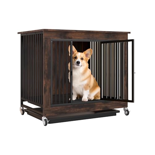 Fainyearn 犬ケージ 小型犬 屋根付き ウッディサークル 犬小屋 中型犬 キャスター付き 木製 トレー付き 幅 80×奥行52×高さ77cm(ブラウン, S)