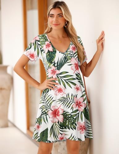 Image of JollieLovin Women T Shirt Plus Size Summer Swing Dresses Short Sleeve V Neck Loose Casual Dress(L-5X)