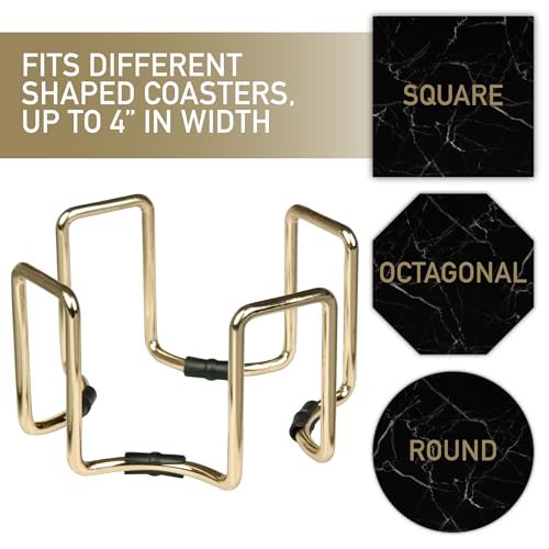 Gold Coaster Holders (2 Pack) - Iron Non-Skid & Non-Scratch Holders Protect Tabletops - Fits 5 Coasters 4" to 4.25" in Size - Octagonal Design Holds Coasters of Any Shape - Wedding