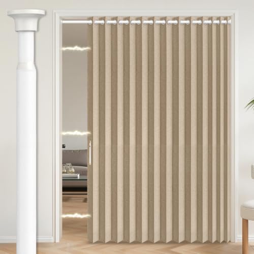 Image of AJAZZ Blackout Accordion Door Curtain with Curtain Rods Adjustable 28-63 inch Long, Invisible Accordion Doors Interior for Bedroom Living Room Doorway Curtain Set, 1 Pack, W72 x L80 in, Brown