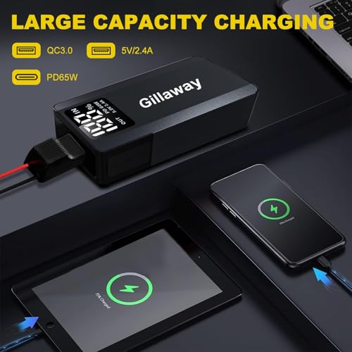 Gillaway 017 5000A Car Battery Jump Starter(for All Gas or up to 12L Diesel), Jump Starter Battery Pack up to 100 Jump Starts, Full-Screen Display and LED Light, QC3.0, Type-C, PD60W Fast Charging