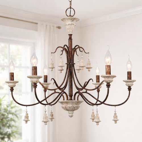 LALUZ Farmhouse Chandelier, 6-Light French Country Distressed Wood Lighting, Shabby