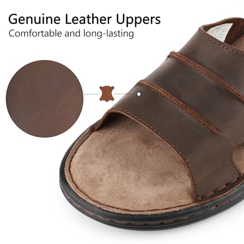 Image of riemot Mens Leather Slide Sandals Comfortable Lightweight Summer Beach Slides with Memory Foam Footbed Casual Walking Cushioning Slip on Sandal Indoor & Outdoor US 9-14