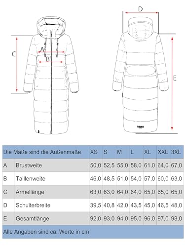 MARIKOO Damen Wintermantel warmer Steppmantel lang mit abnehmbarer Kapuze Nadeshikoo XVI Black Gr. XL