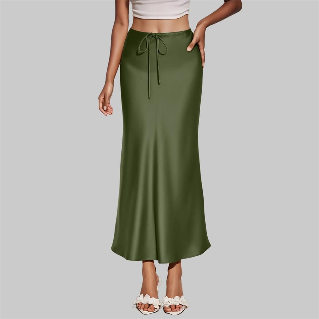 Jupes longues en satin de couleur unie avec cordon de serrage pour femme - Jupe longue élégante avec fente