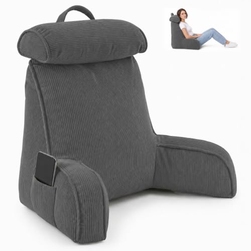 Reading Pillow for Bed with Detachable Neck Roll and Shredded Memory Foam, Back Pillow with Arms for Sitting Up, Washable Bed Rest Pillow with Side Pocket for Gaming, Sofa, Dorm - Dark Gray