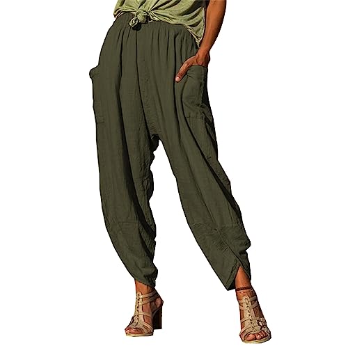 Pantalones de mezclilla para hombre con bolsillos para mujer, pantalones largos elásticos de lino de algodón liso para playa, ocio, pantalones de algodón y lino para menores de 5 años, verde, XXL