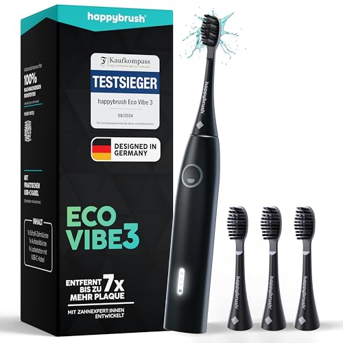 happybrush® Schallzahnbürste Eco Vibe 3 – TESTSIEGER – 100 Tage testen - Elektrische Zahnbürste mit 8 Wochen Power Akku – Ultraschall Zahnbürsten – 2 Jahre Garantie - Set mit Aufsteckbürsten - Black 1