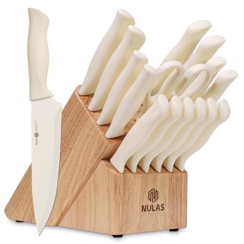 Image of 17-Piece Kitchen Knife Set with Block and Built-in Sharpener, Cream