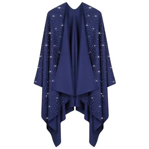 Image of Womens Rhinestones Open Front Poncho Shawl Wrap Cape Ruana Travel Blanket Cardigan