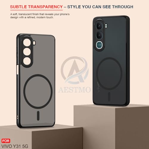 Image of AESTMO Vivo Y31 5G Back Cover | 360 Protection | Matte Frosted Hard Back Translucent | Compatible with MagSafe Accessories (MagSafe Matte Hard Black Bumber)
