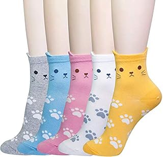 5 Pairs Womens Cute Funny Socks, Girls Novelty Casual Cotton Crew Animal Socks, Fun Cartoon Floor Socks for Ladies, Cat Footprints - 5 Pairs, Size 4-8