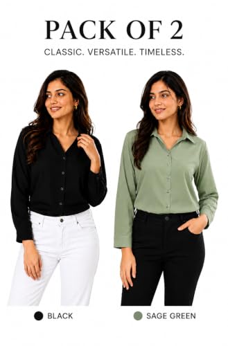 Image of FUNDAY FASHION Women Solid Regular Fit V Collered Casual Shirt (Pack of 2)